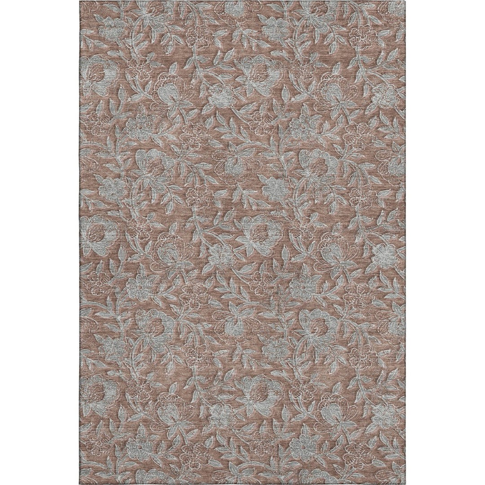 HomeRoots 5' X 8' Elegant Terra Cotta & Gray Floral Area Rug - Washable, UV Protected, Stain Resistant Design 664644