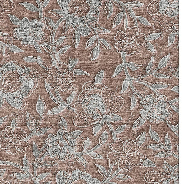 HomeRoots 5' X 8' Elegant Terra Cotta & Gray Floral Area Rug - Washable, UV Protected, Stain Resistant Design 664644