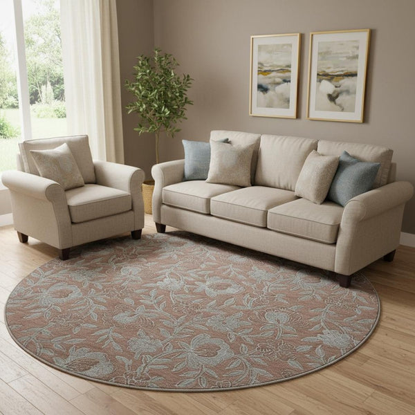 HomeRoots 8' Washable Terra Cotta and Gray Floral Round Rug with UV Protection for Stylish Homes and Families 664645