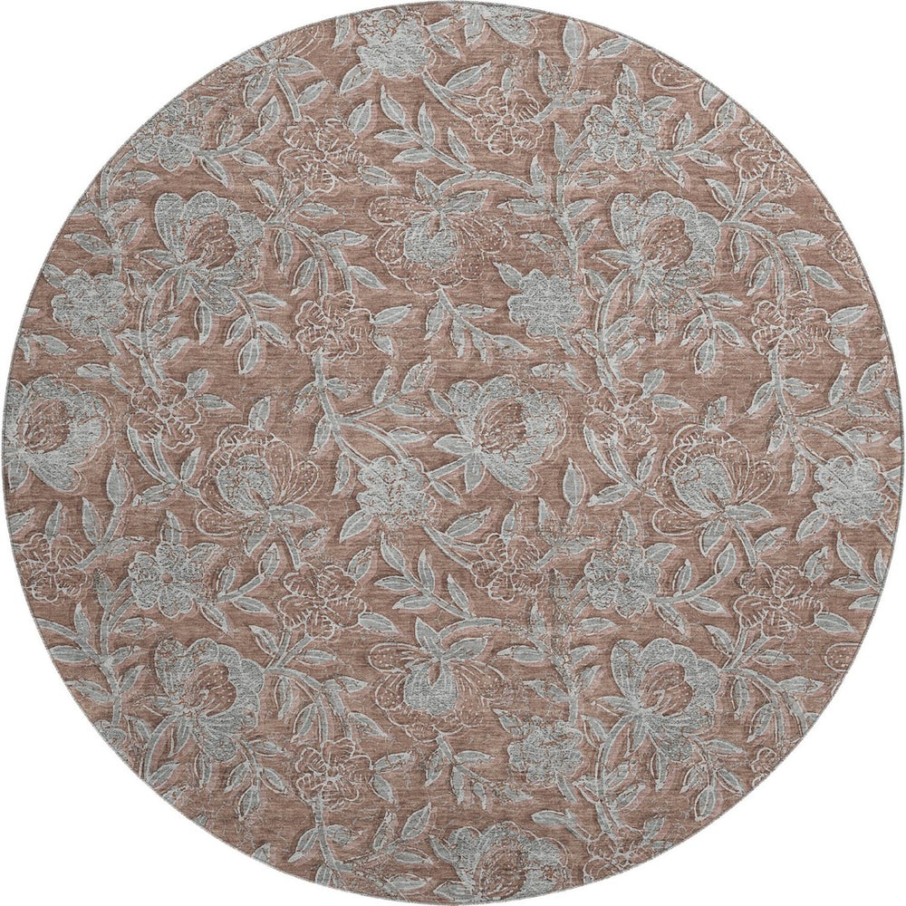 HomeRoots 8' Washable Terra Cotta and Gray Floral Round Rug with UV Protection for Stylish Homes and Families 664645