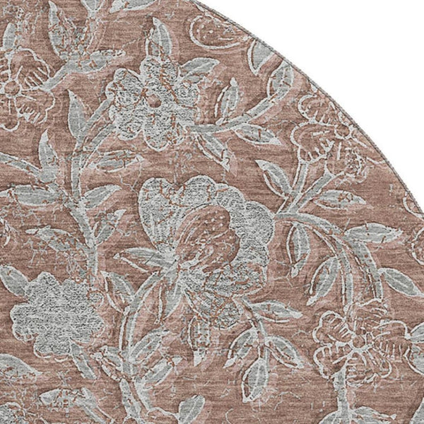 HomeRoots 8' Washable Terra Cotta and Gray Floral Round Rug with UV Protection for Stylish Homes and Families 664645