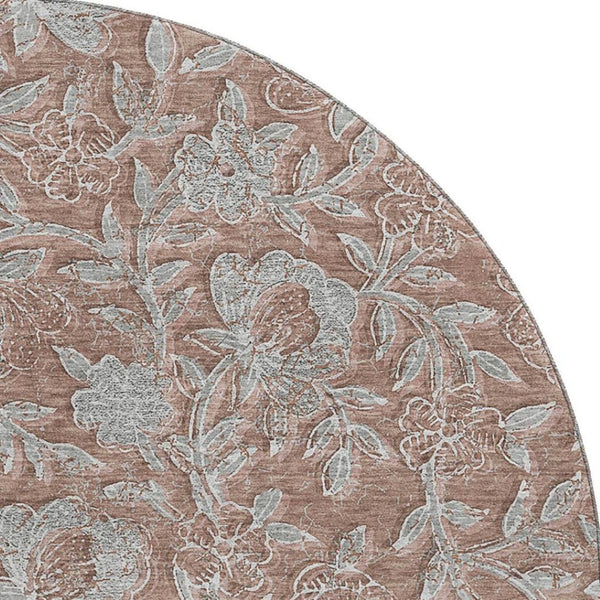 HomeRoots 8' Washable Terra Cotta and Gray Floral Round Rug with UV Protection for Stylish Homes and Families 664645
