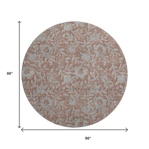 HomeRoots 8' Washable Terra Cotta and Gray Floral Round Rug with UV Protection for Stylish Homes and Families 664645