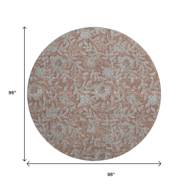 HomeRoots 8' Washable Terra Cotta and Gray Floral Round Rug with UV Protection for Stylish Homes and Families 664645