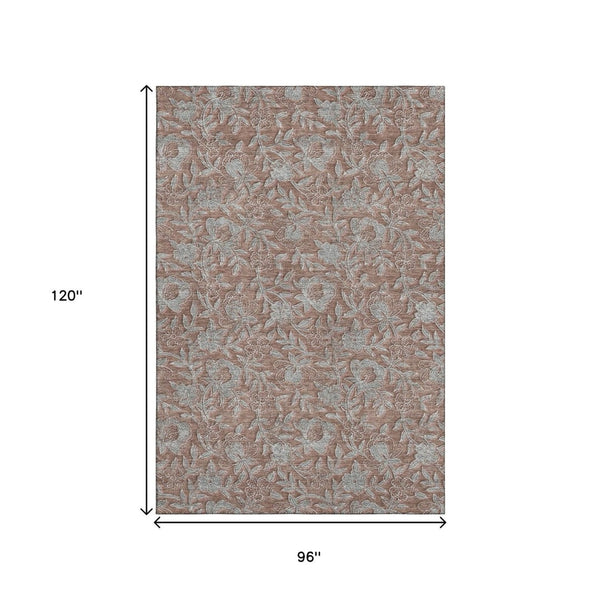 HomeRoots 8' X 10' Terra Cotta & Gray Floral Area Rug - Durable, UV-Protected, Washable Charm for Any Space 664646
