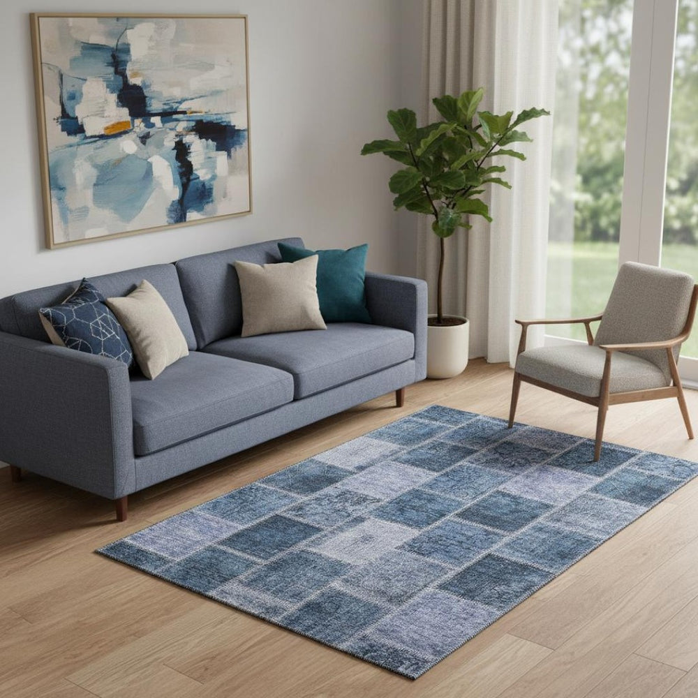 HomeRoots 5' X 8' Stylish Blue and Gray Patchwork Area Rug with Stain Resistance and UV Protection for Homes 664650