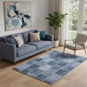 HomeRoots 5' X 8' Stylish Blue and Gray Patchwork Area Rug with Stain Resistance and UV Protection for Homes 664650