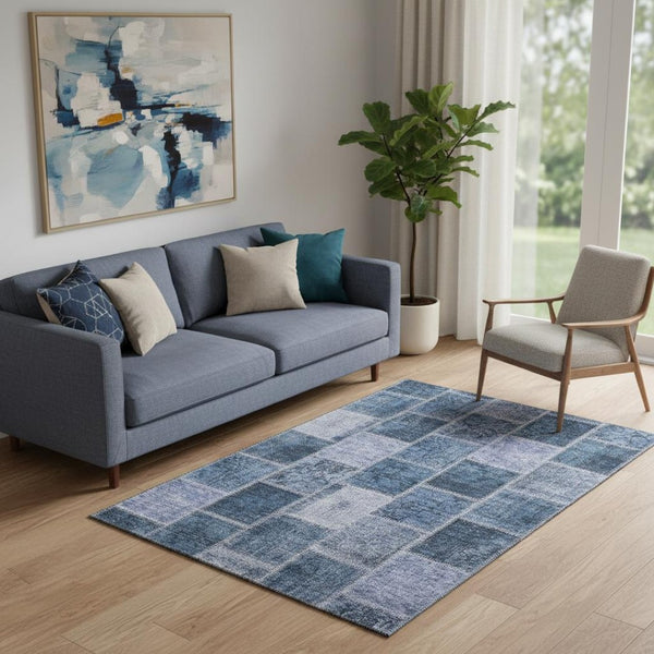 HomeRoots 5' X 8' Stylish Blue and Gray Patchwork Area Rug with Stain Resistance and UV Protection for Homes 664650