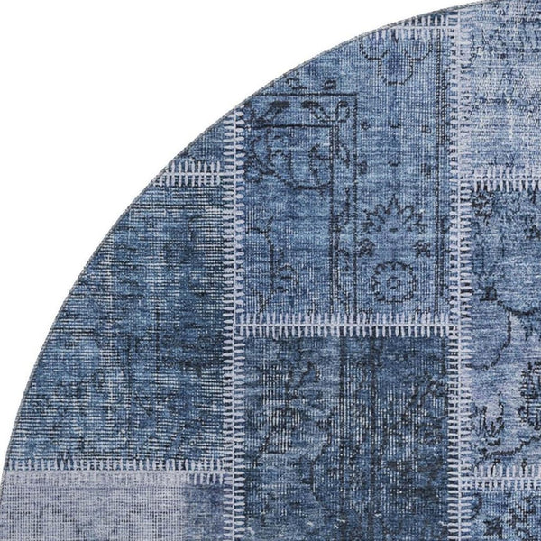 HomeRoots 8' Blue And Gray Patchwork Round Rug - Washable, UV Protected, Durable for High Traffic Homes 664651