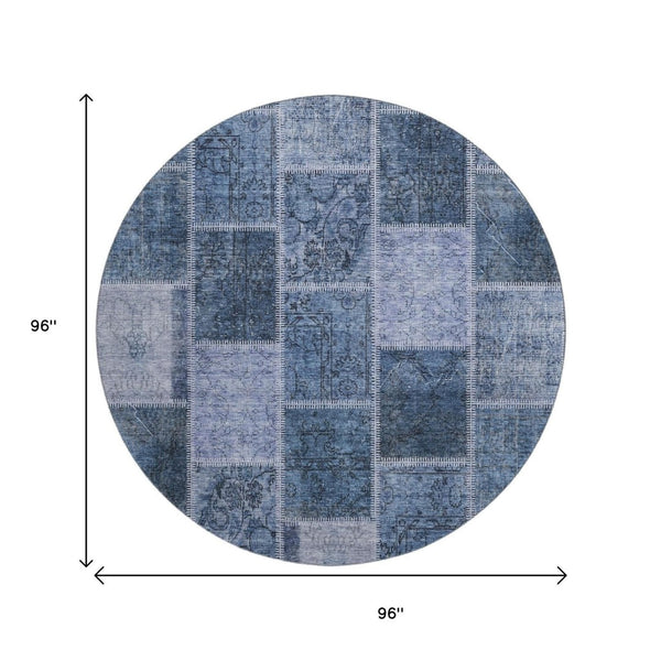 HomeRoots 8' Blue And Gray Patchwork Round Rug - Washable, UV Protected, Durable for High Traffic Homes 664651