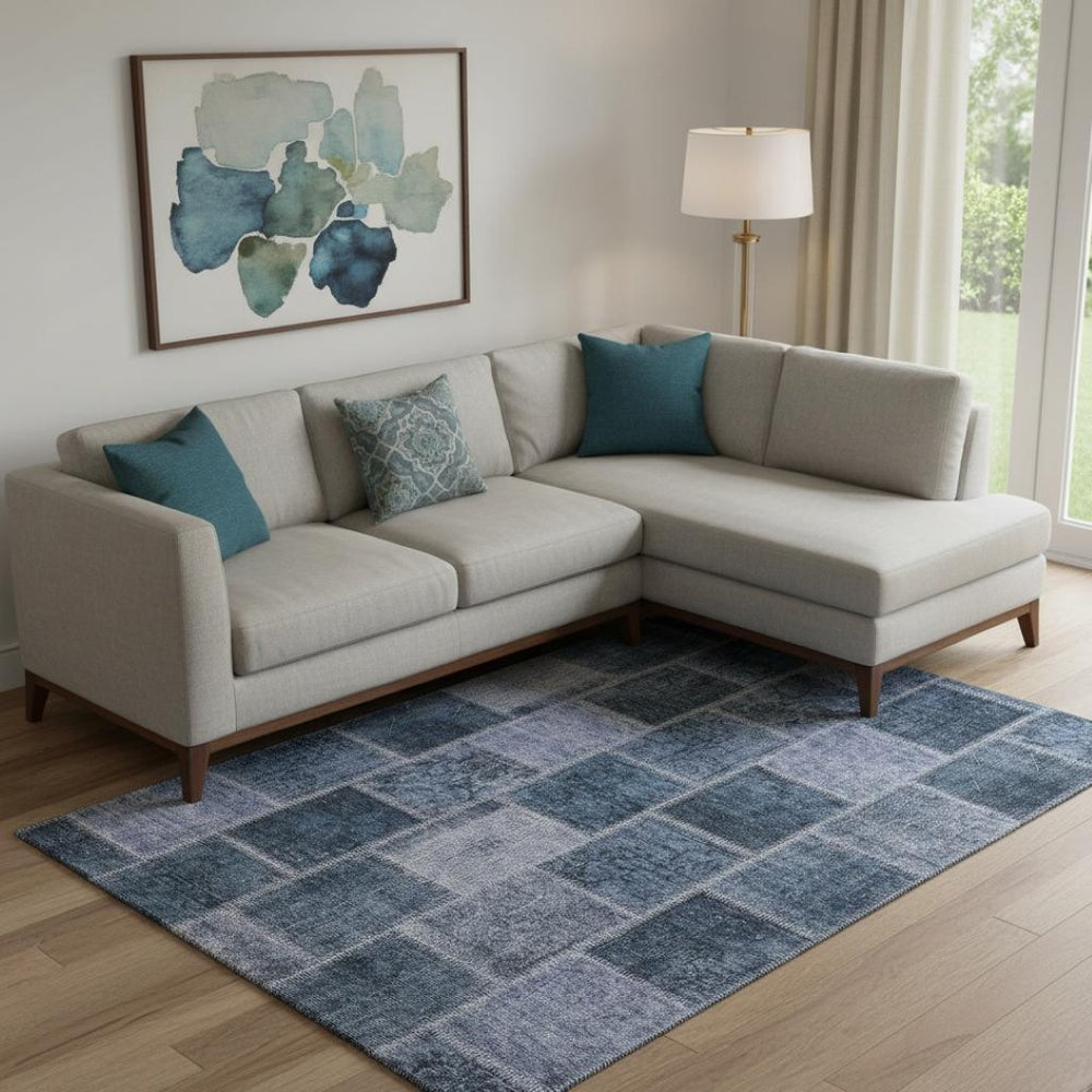 HomeRoots 8' X 10' Washable Blue and Gray Patchwork Area Rug with UV Protection – Stylish & Low-Maintenance Decor 664652