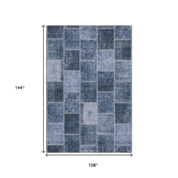 HomeRoots 9' X 12' Blue and Gray Patchwork Area Rug – Washable, UV Protected, Stylish & Stain-Resistant Design 664653