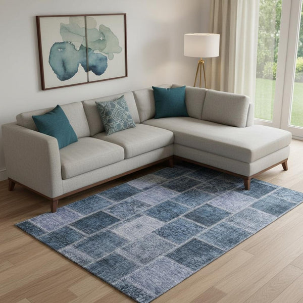 HomeRoots 9' X 12' Blue and Gray Patchwork Area Rug – Washable, UV Protected, Stylish & Stain-Resistant Design 664653