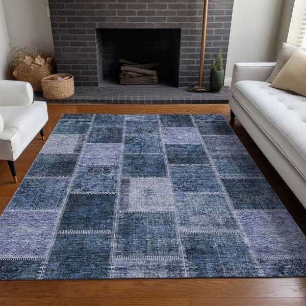 HomeRoots 9' X 12' Blue and Gray Patchwork Area Rug – Washable, UV Protected, Stylish & Stain-Resistant Design 664653