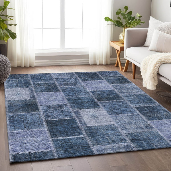 HomeRoots 9' X 12' Blue and Gray Patchwork Area Rug – Washable, UV Protected, Stylish & Stain-Resistant Design 664653