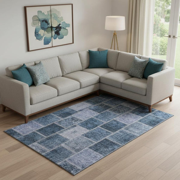 HomeRoots 10' Blue and Gray Patchwork Area Rug - Washable, UV-Protected, Durable, Stylish for Any Space! 664654