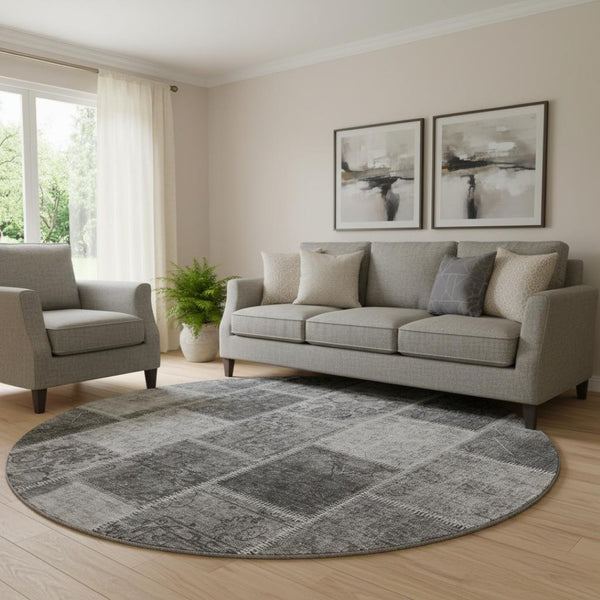HomeRoots 8' Gray and Charcoal Washable Round Rug with UV Protection - Durable, Stylish, and Easy to Clean 664663