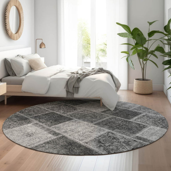 HomeRoots 8' Gray and Charcoal Washable Round Rug with UV Protection - Durable, Stylish, and Easy to Clean 664663