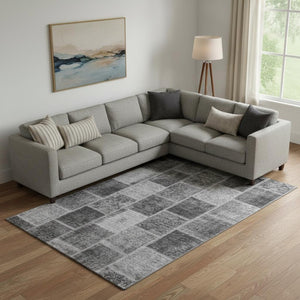 HomeRoots 9' X 12' Gray and Charcoal Patchwork Area Rug – Washable, UV Protected, Stain Resistant, Durable Design 664665