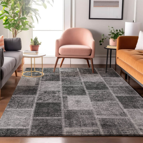 HomeRoots 9' X 12' Gray and Charcoal Patchwork Area Rug – Washable, UV Protected, Stain Resistant, Durable Design 664665