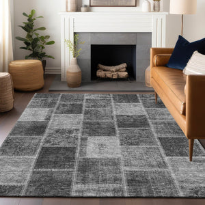 HomeRoots 9' X 12' Gray and Charcoal Patchwork Area Rug – Washable, UV Protected, Stain Resistant, Durable Design 664665