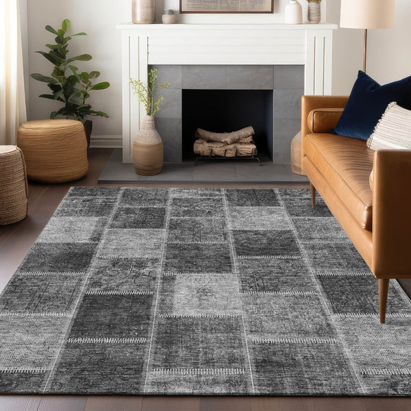 HomeRoots 9' X 12' Gray and Charcoal Patchwork Area Rug – Washable, UV Protected, Stain Resistant, Durable Design 664665