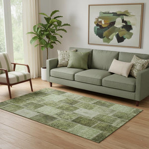 HomeRoots 5' X 8' Olive Green & Gray Patchwork Washable Area Rug - Durable, UV Protected, Kid & Pet Friendly! 664668