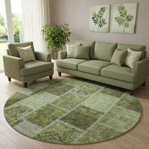 HomeRoots 8' Olive Green and Gray Patchwork Round Rug - Stylish, Durable, Washable with UV Protection for Home 664669