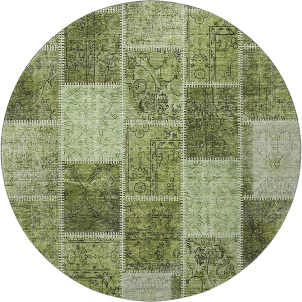 HomeRoots 8' Olive Green and Gray Patchwork Round Rug - Stylish, Durable, Washable with UV Protection for Home 664669