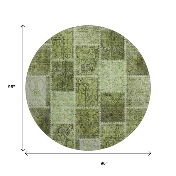 HomeRoots 8' Olive Green and Gray Patchwork Round Rug - Stylish, Durable, Washable with UV Protection for Home 664669