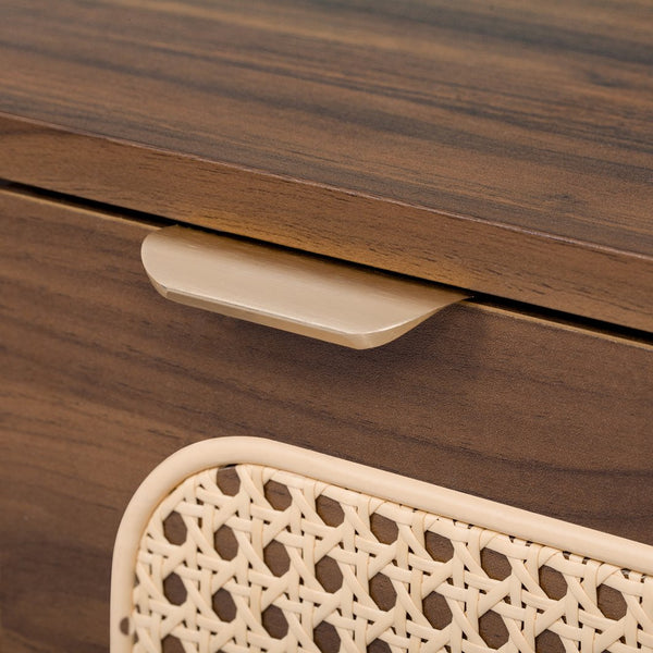 English Elm 78" Rattan TV Stand for 75-85" TVs with Glass Shelves, Solid Wood Legs, Soft-Close Doors, Walnut Finish N710P298238P