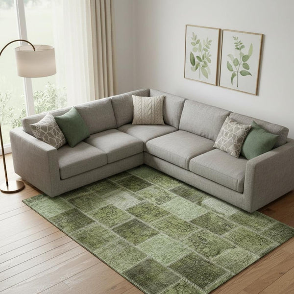 HomeRoots 8' X 10' Olive Green & Gray Patchwork Rug - Washable with UV Protection for Stylish, Durable Living Spaces 664670
