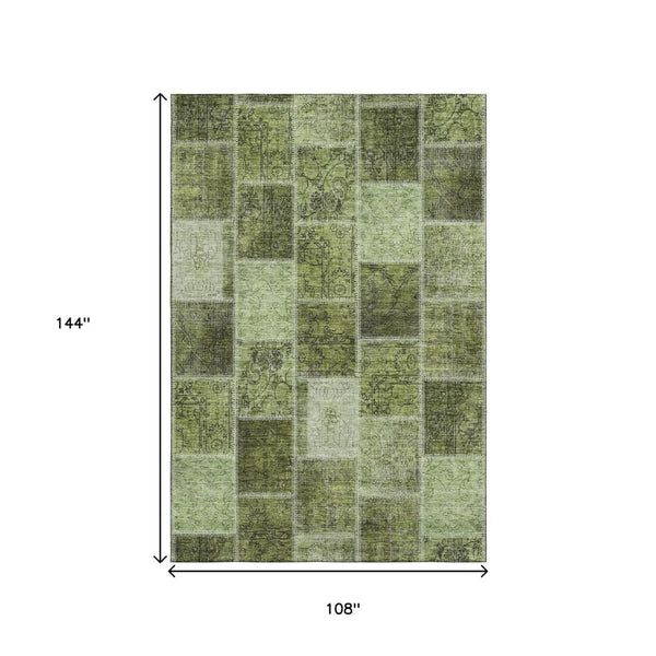 HomeRoots 9' X 12' Olive Green & Gray Patchwork Area Rug – Durable, Stain Resistant, UV Protected for Homes 664671