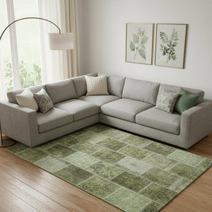 HomeRoots 9' X 12' Olive Green & Gray Patchwork Area Rug – Durable, Stain Resistant, UV Protected for Homes 664671