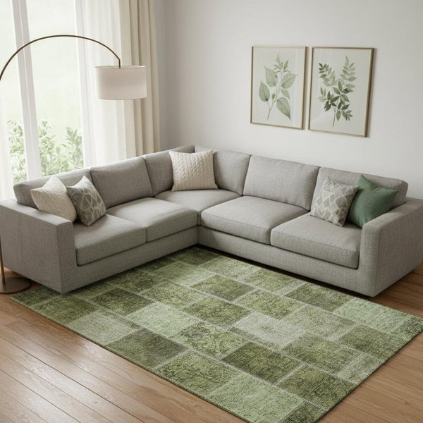 HomeRoots 9' X 12' Olive Green & Gray Patchwork Area Rug – Durable, Stain Resistant, UV Protected for Homes 664671
