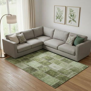 HomeRoots 9' X 12' Olive Green & Gray Patchwork Area Rug – Durable, Stain Resistant, UV Protected for Homes 664671