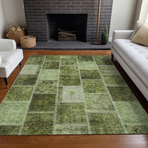 HomeRoots 9' X 12' Olive Green & Gray Patchwork Area Rug – Durable, Stain Resistant, UV Protected for Homes 664671