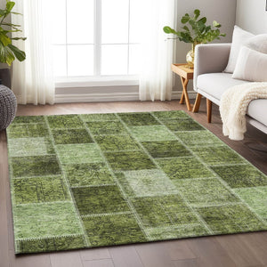 HomeRoots 9' X 12' Olive Green & Gray Patchwork Area Rug – Durable, Stain Resistant, UV Protected for Homes 664671