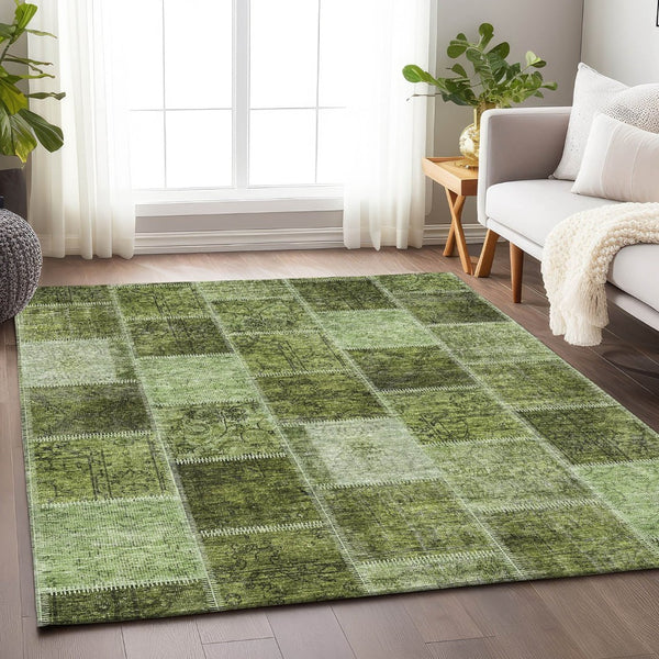 HomeRoots 9' X 12' Olive Green & Gray Patchwork Area Rug – Durable, Stain Resistant, UV Protected for Homes 664671