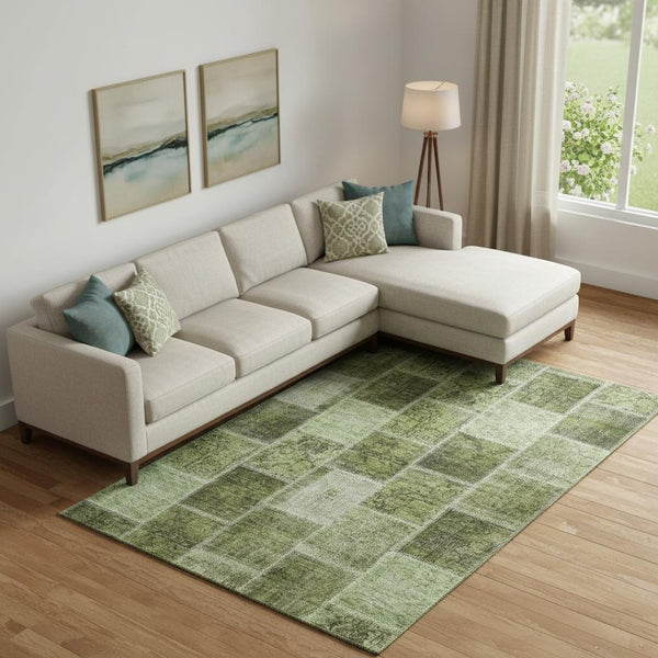 HomeRoots 10' X 14' Olive Green & Gray Patchwork Washable Area Rug - Durable, Soft, UV-Resistant & Stylish 664672