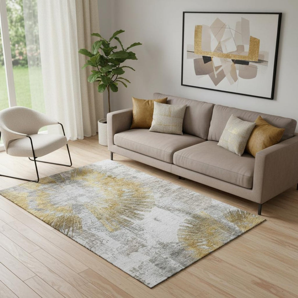 HomeRoots 5' X 8' Modern Gold Ivory Gray Abstract Washable Area Rug with UV Protection for Busy Homes 664692
