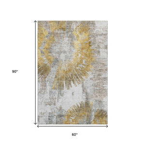 HomeRoots 5' X 8' Modern Gold Ivory Gray Abstract Washable Area Rug with UV Protection for Busy Homes 664692