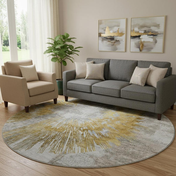 HomeRoots 8' Gold Ivory Gray Abstract Washable Round Rug - UV Protected, Durable, Ideal for High-Traffic Spaces 664693