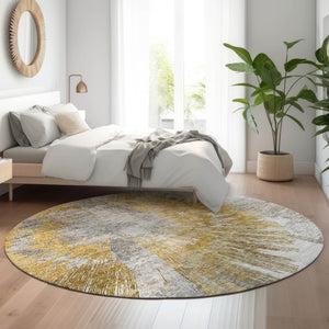 HomeRoots 8' Gold Ivory Gray Abstract Washable Round Rug - UV Protected, Durable, Ideal for High-Traffic Spaces 664693