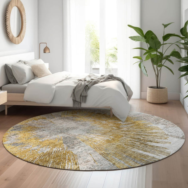 HomeRoots 8' Gold Ivory Gray Abstract Washable Round Rug - UV Protected, Durable, Ideal for High-Traffic Spaces 664693