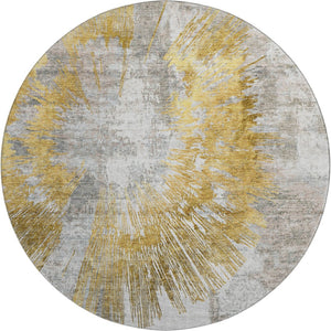 HomeRoots 8' Gold Ivory Gray Abstract Washable Round Rug - UV Protected, Durable, Ideal for High-Traffic Spaces 664693