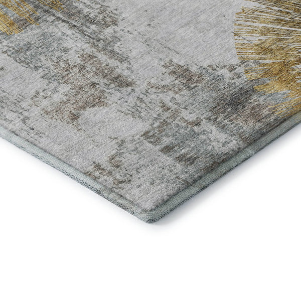 HomeRoots 8' Gold Ivory Gray Abstract Washable Round Rug - UV Protected, Durable, Ideal for High-Traffic Spaces 664693
