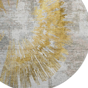 HomeRoots 8' Gold Ivory Gray Abstract Washable Round Rug - UV Protected, Durable, Ideal for High-Traffic Spaces 664693