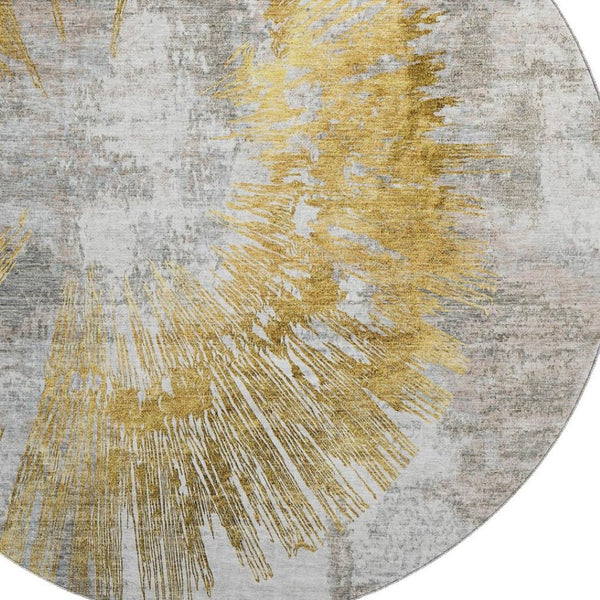 HomeRoots 8' Gold Ivory Gray Abstract Washable Round Rug - UV Protected, Durable, Ideal for High-Traffic Spaces 664693