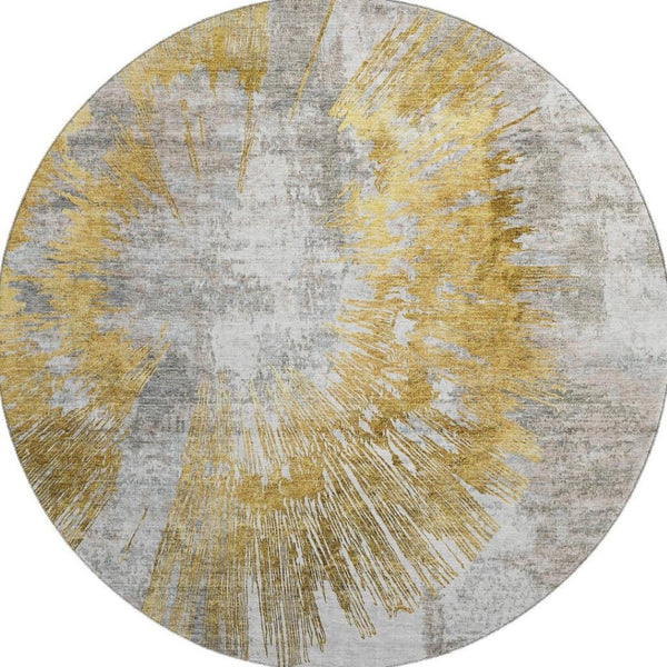 HomeRoots 8' Gold Ivory Gray Abstract Washable Round Rug - UV Protected, Durable, Ideal for High-Traffic Spaces 664693